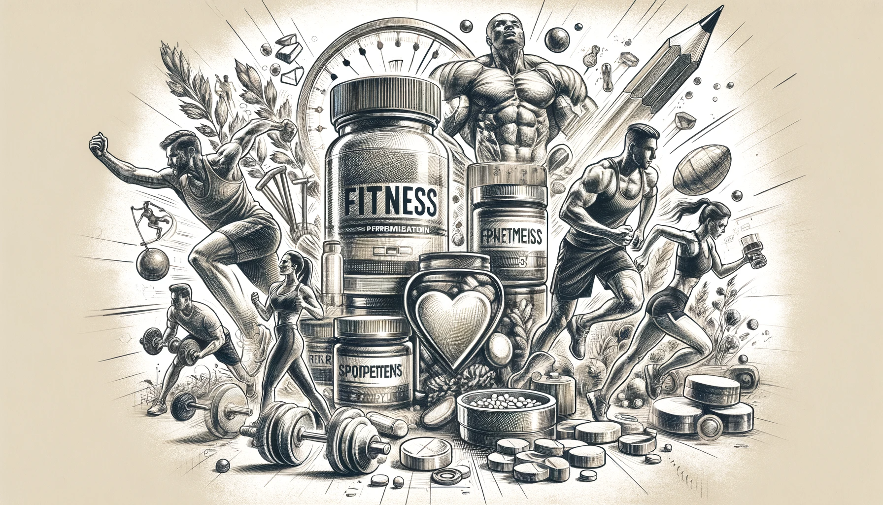 Hand-drawn pencil sketch of fitness and supplementation themes