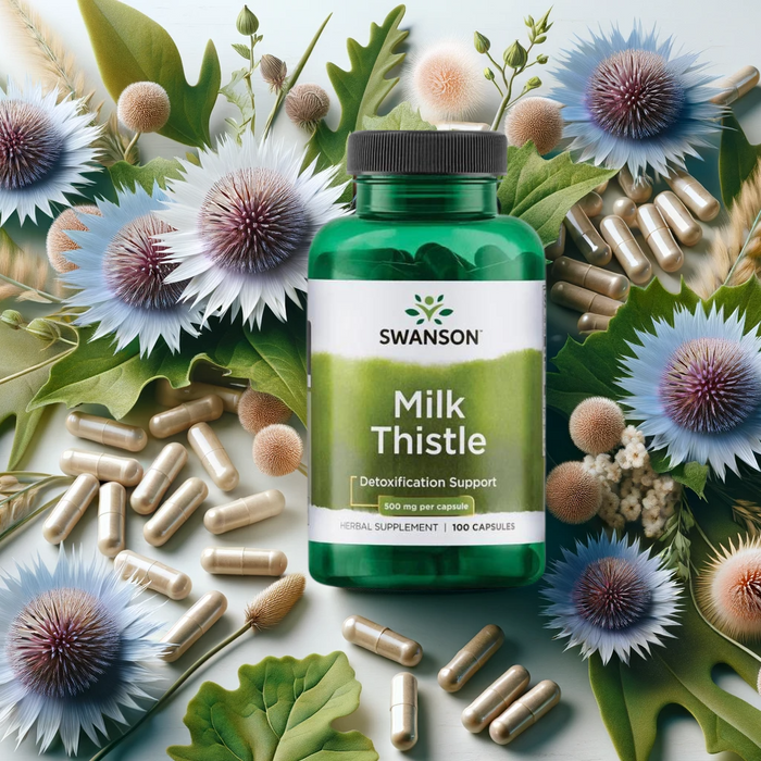 Header image showing Swanson Milk Thistle 500mg capsules alongside vibrant Milk Thistle flowers and leaves, symbolizing the supplement's natural liver health and antioxidant benefits in a serene, health-focused setting.