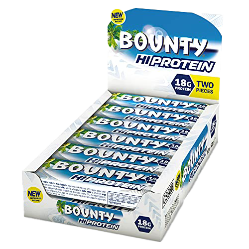 Bounty Hi Protein Riegel (12 x 52 g), proteinreicher Energiesnack mit Milchschokolade und Kokosnuss, 18 g Protein