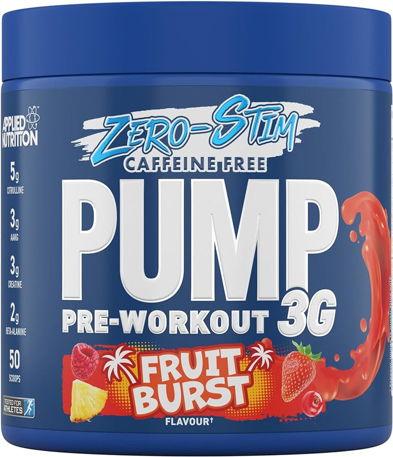 Applied Nutrition Pump Zero Pre Workout – Zero Stim Koffeinfreie Energie und Leistung (375 g – 50 Portionen) (Fruit Burst)