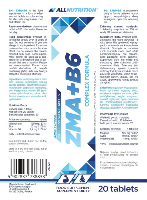 Allnutrition ZMA + B6, Lemon - 20 effervescent tabs | High-Quality Combination Multivitamins & Minerals | MySupplementShop.co.uk