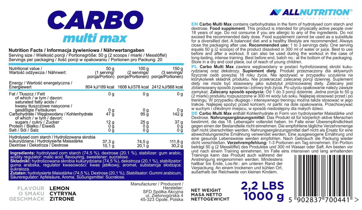 Allnutrition Carbo Multi Max, Lemon - 1000 grams | High-Quality Weight Gainers & Carbs | MySupplementShop.co.uk